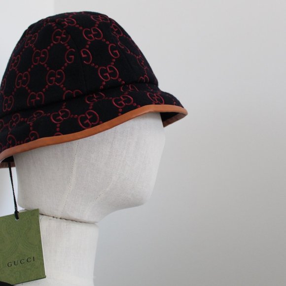 NWT GUCCI GG Supreme Monogram Leather Wool Bucket Hat M 57 cm 679426 UNISEX - Picture 9 of 9